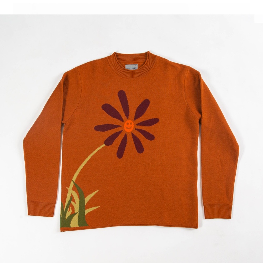 Stitch note Rust Orange Sweater with Floral Design men’s m 100% merino wool NWT